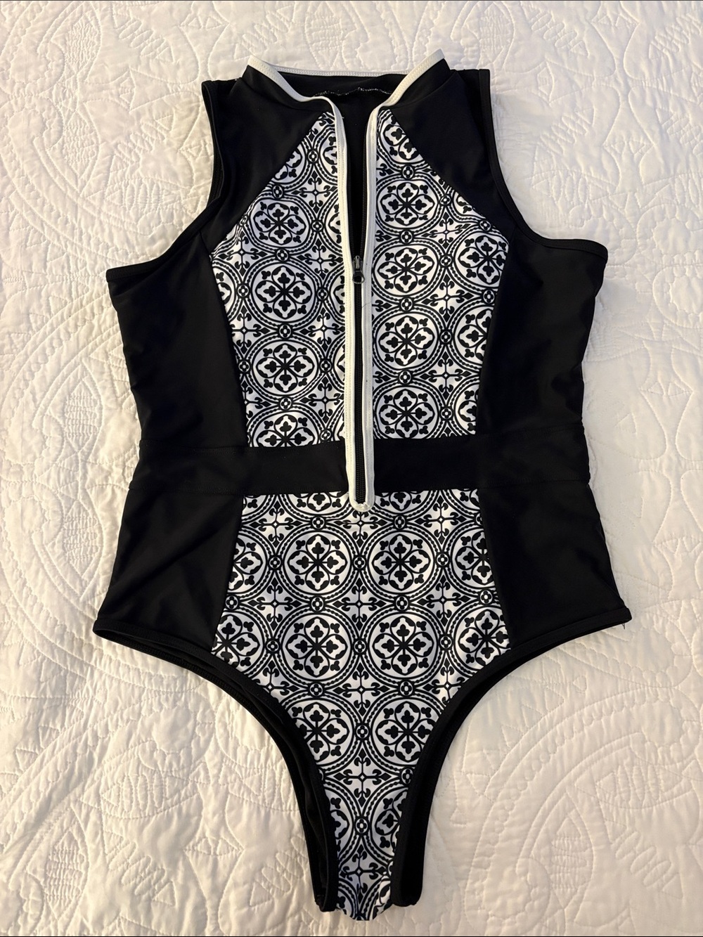 Kids Black & White Zip-Front One-Piece Swimsuit